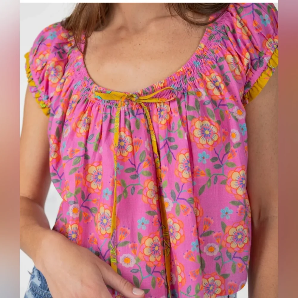 NATURAL LIFE Size L NWT Camille Cotton Swing Top-Pink Painted Vines - Picture 1 of 2